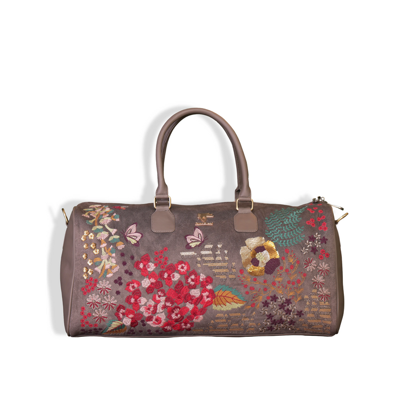 Grey Floral Embroidered Vegan Leather Travel Duffel | Garden Grey Collection