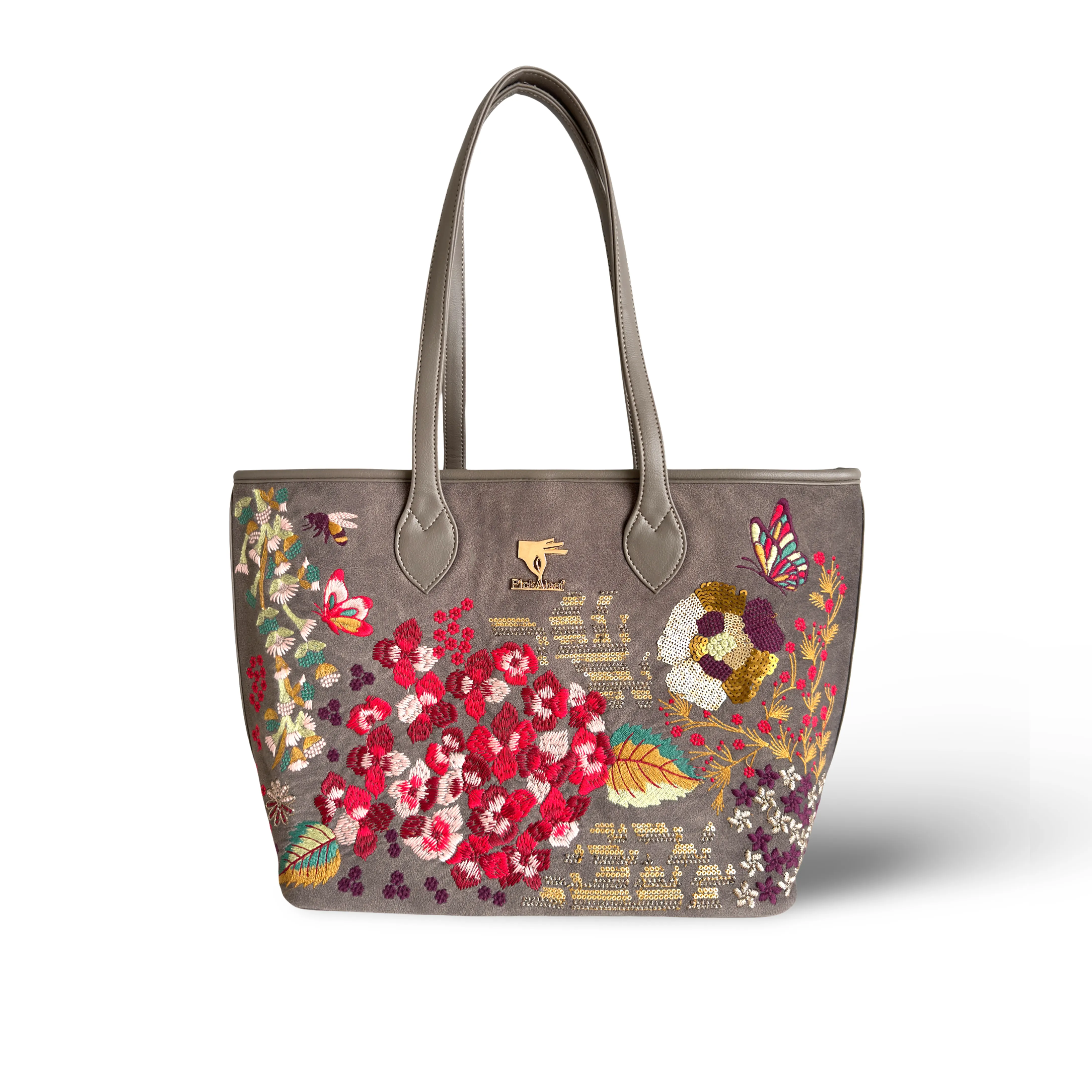 Grey laptop tote bag for women in vegan leather embroidery by PickAleaf with structured design for office, travel and daily use