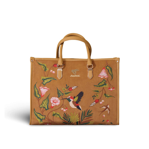 Embroidered Large Tote Bag for Women in Vegan | Mustard | PickAleaf