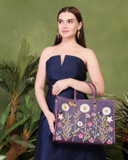 Purple embroidered work tote bag for women in cruelty free vegan leather by PickAleaf with laptop compartment and organized storage