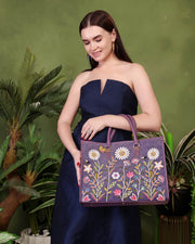 Purple embroidered work tote bag for women in cruelty free vegan leather by PickAleaf with laptop compartment and organized storage
