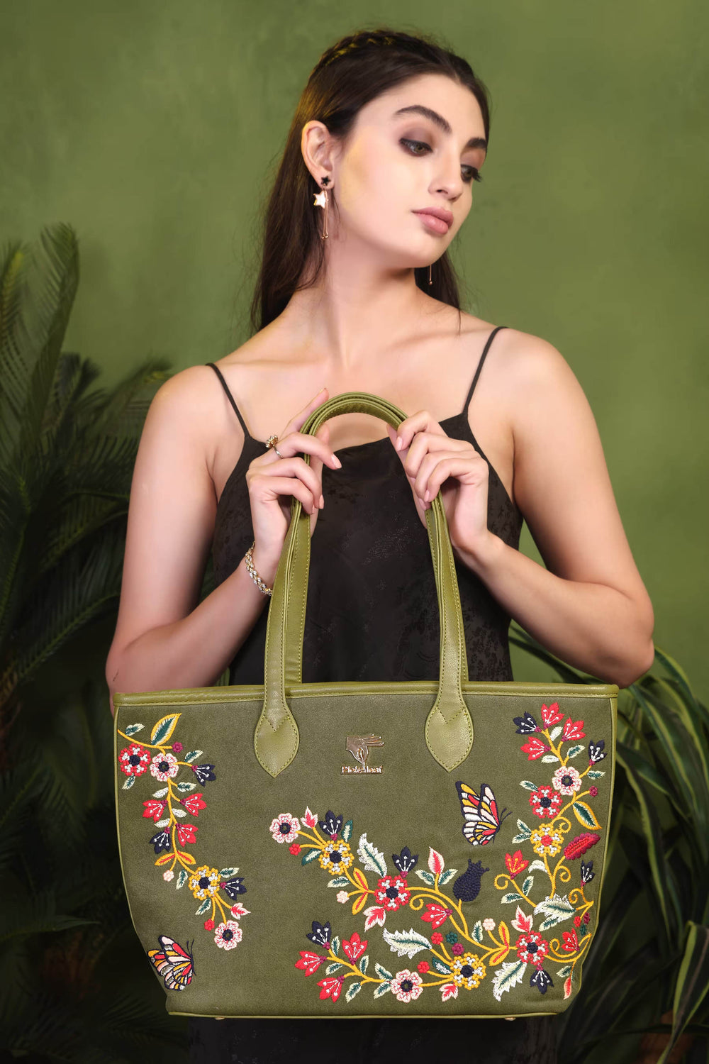 Olive green embroidered tote bag for women in vegan leather by PickAleaf for shopping, travel, functions and daily use