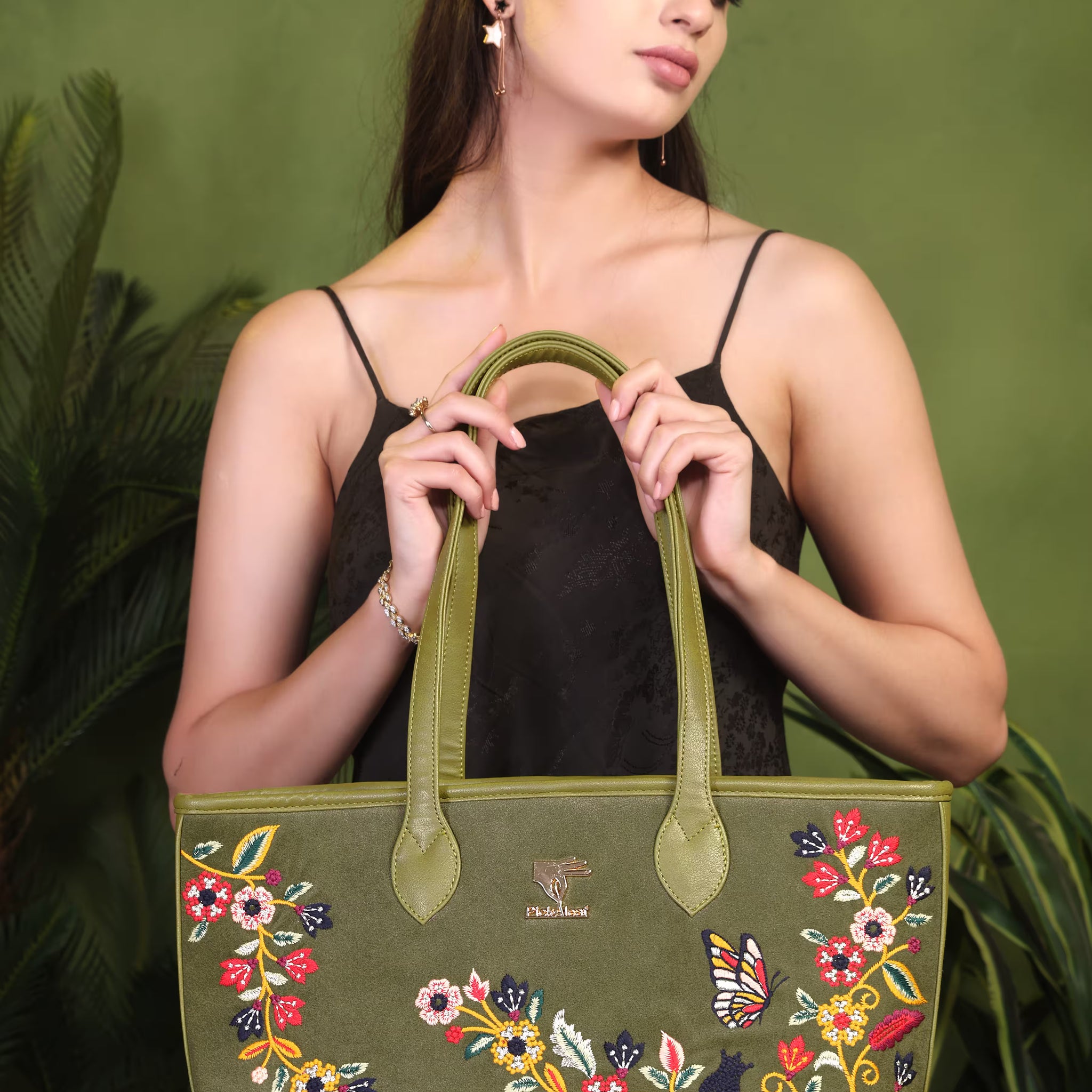 Olive Green Embroidery Waves Tote Bag | Work, Casual & Function