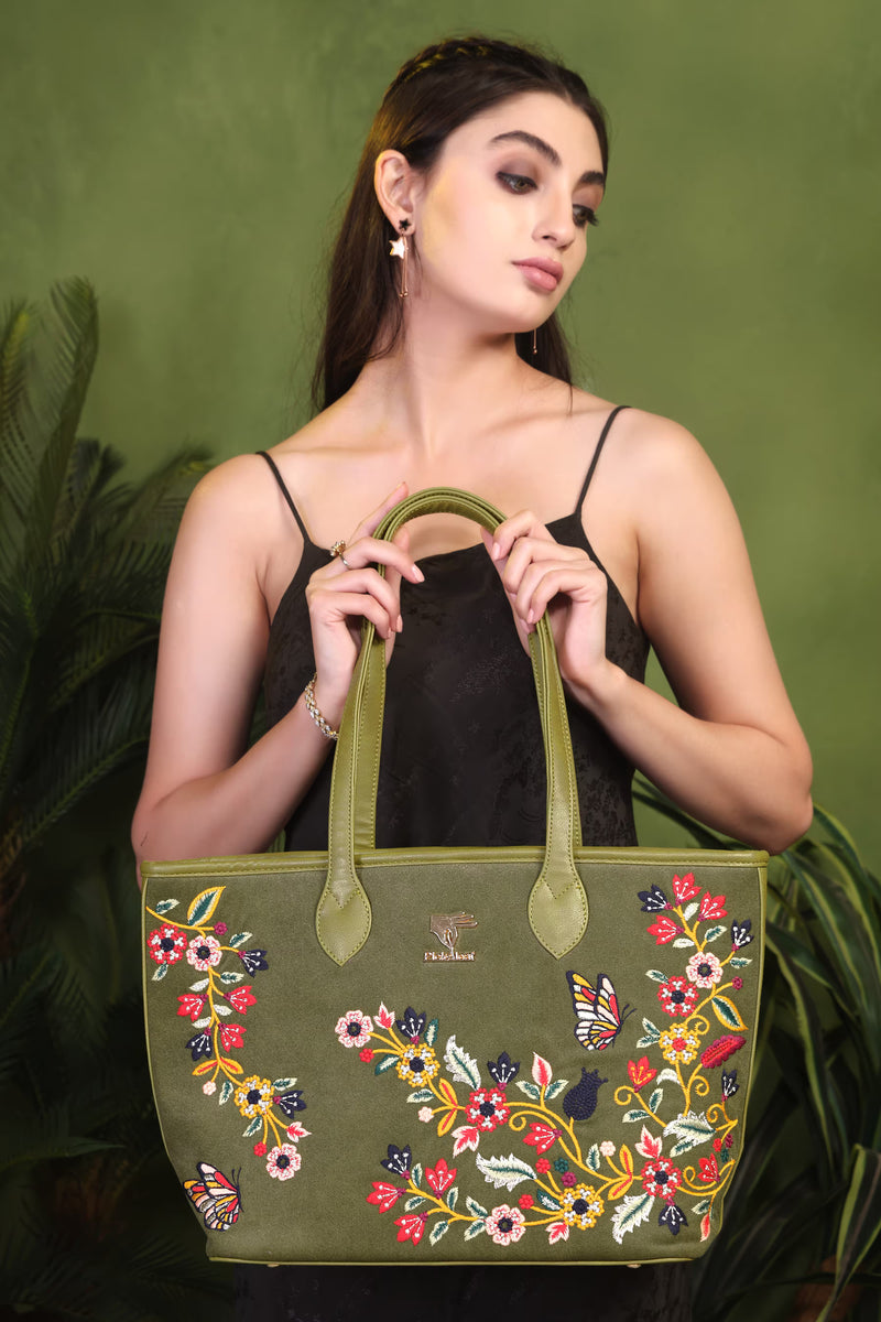 Olive green Waves embroidered tote bag for work and travel.