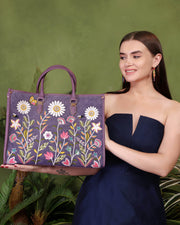 Purple embroidered work tote bag for women in cruelty free vegan leather by PickAleaf with laptop compartment and organized storage