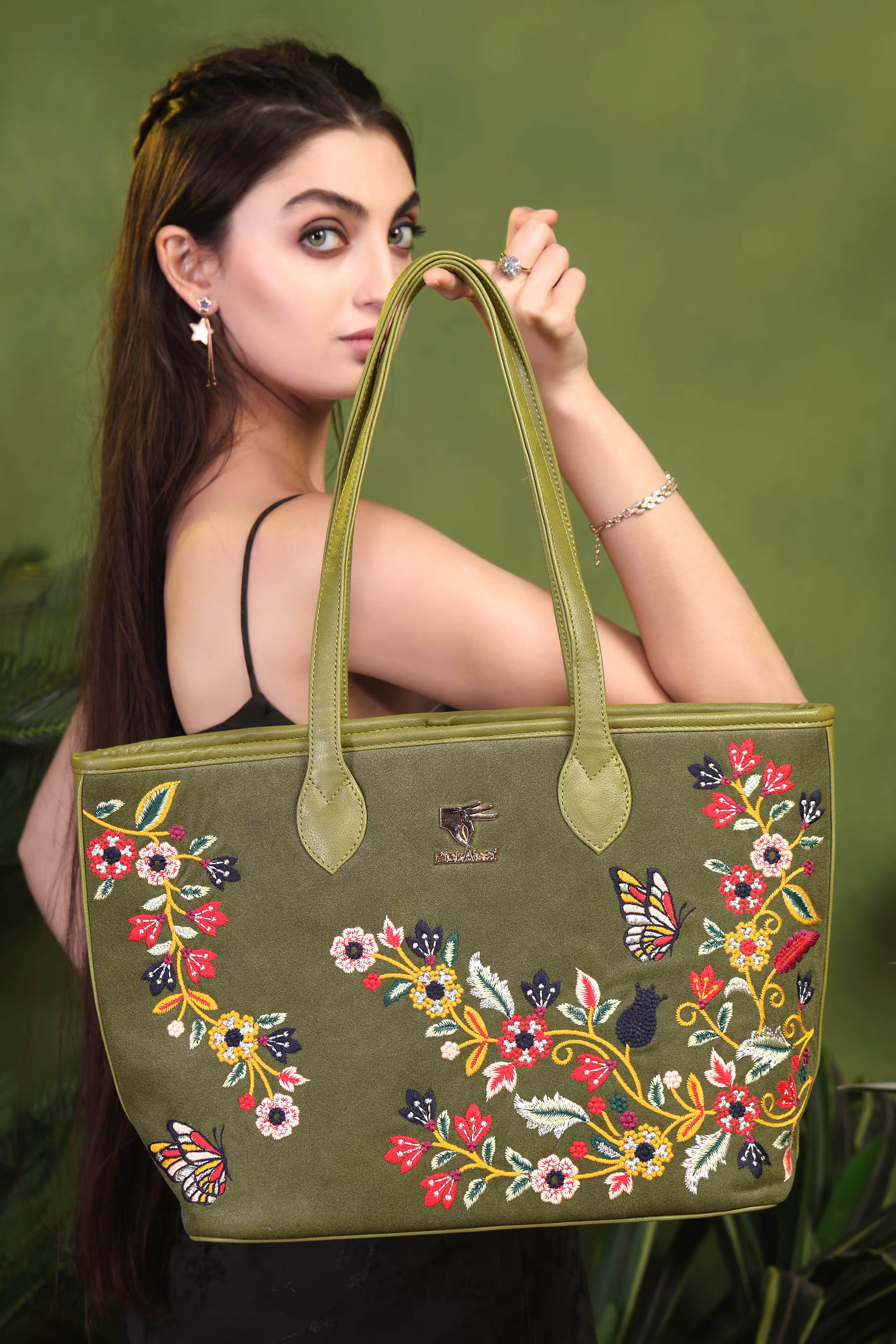 Olive green embroidered tote bag for women in vegan leather by PickAleaf for shopping, travel, functions and daily use