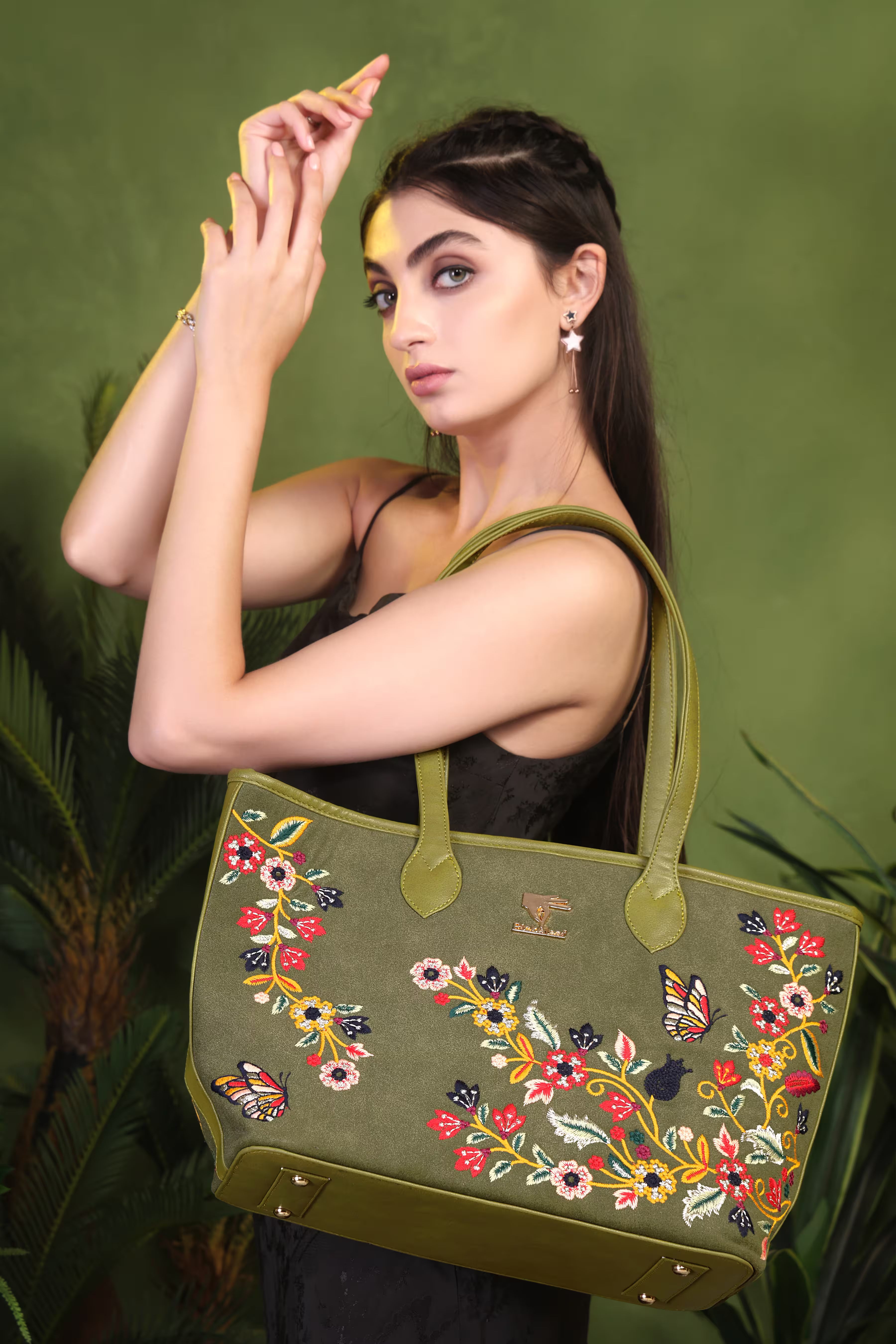 Olive Green Embroidery Waves Tote Bag | Work, Casual & Function