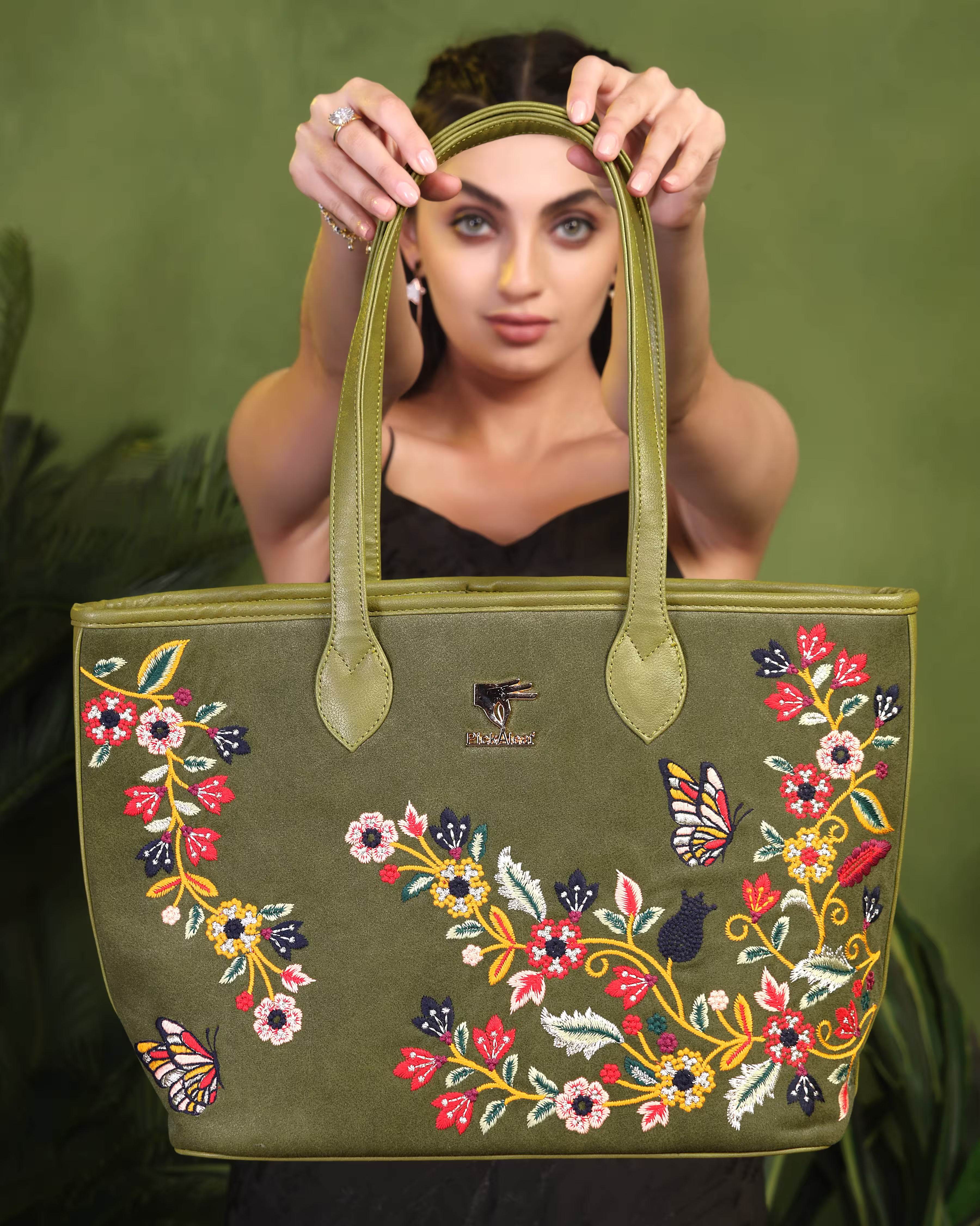 Olive green embroidered tote bag for women in vegan leather by PickAleaf for shopping, travel, functions and daily use