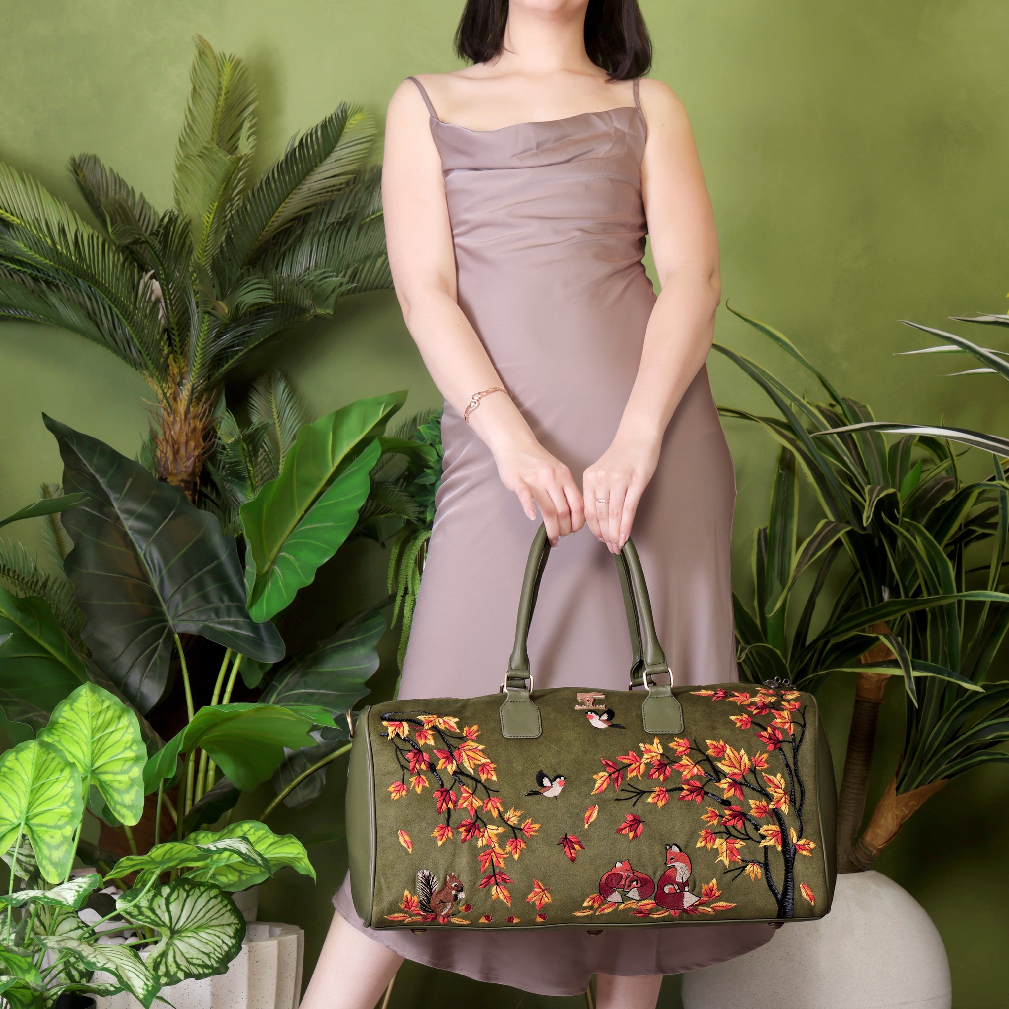 Olive Green Embroidery Autumn Whisper Duffel Bag