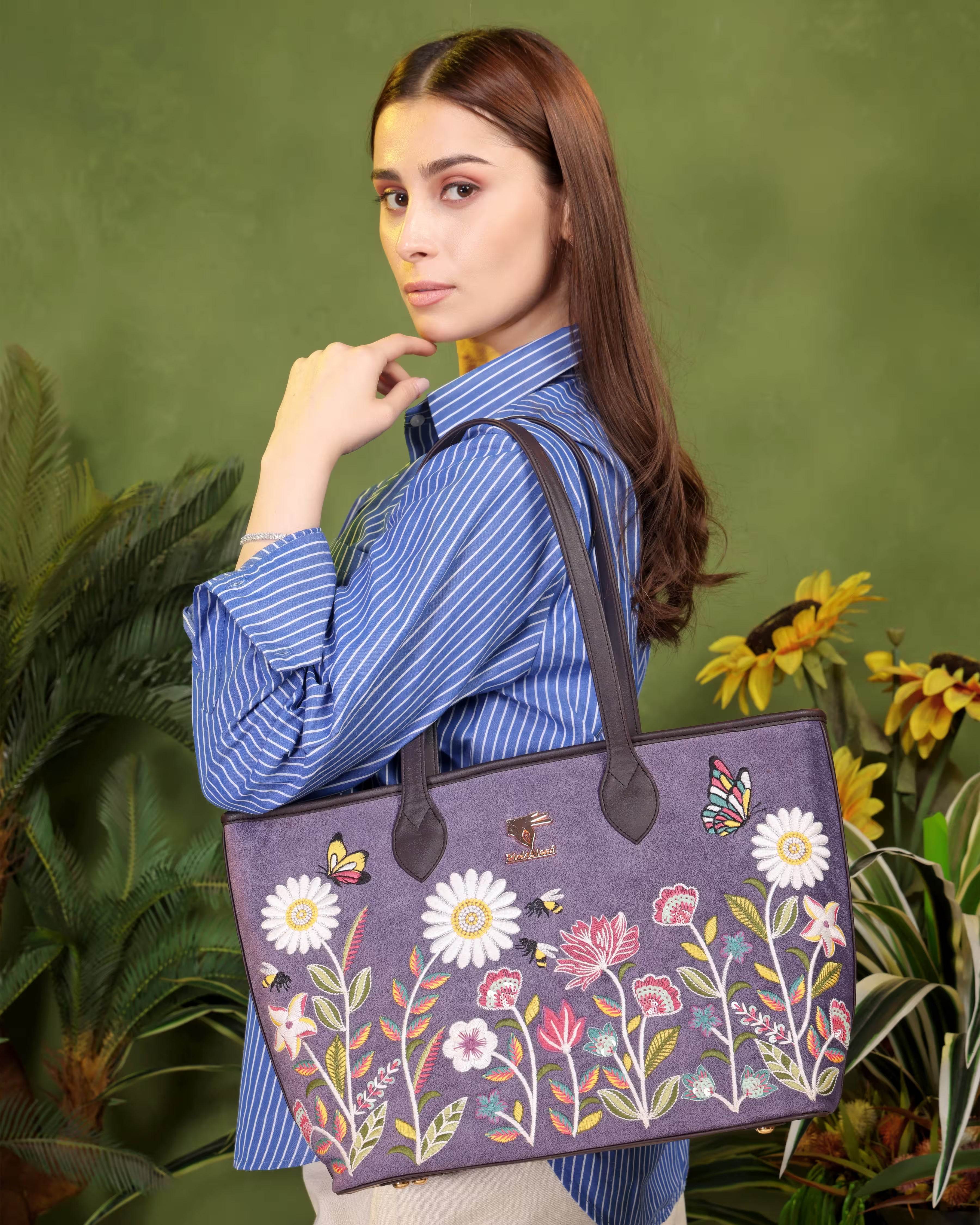 Purple embroidered ethinic tote bag for women in vegan leather by PickAleaf for travel, shopping and daily use