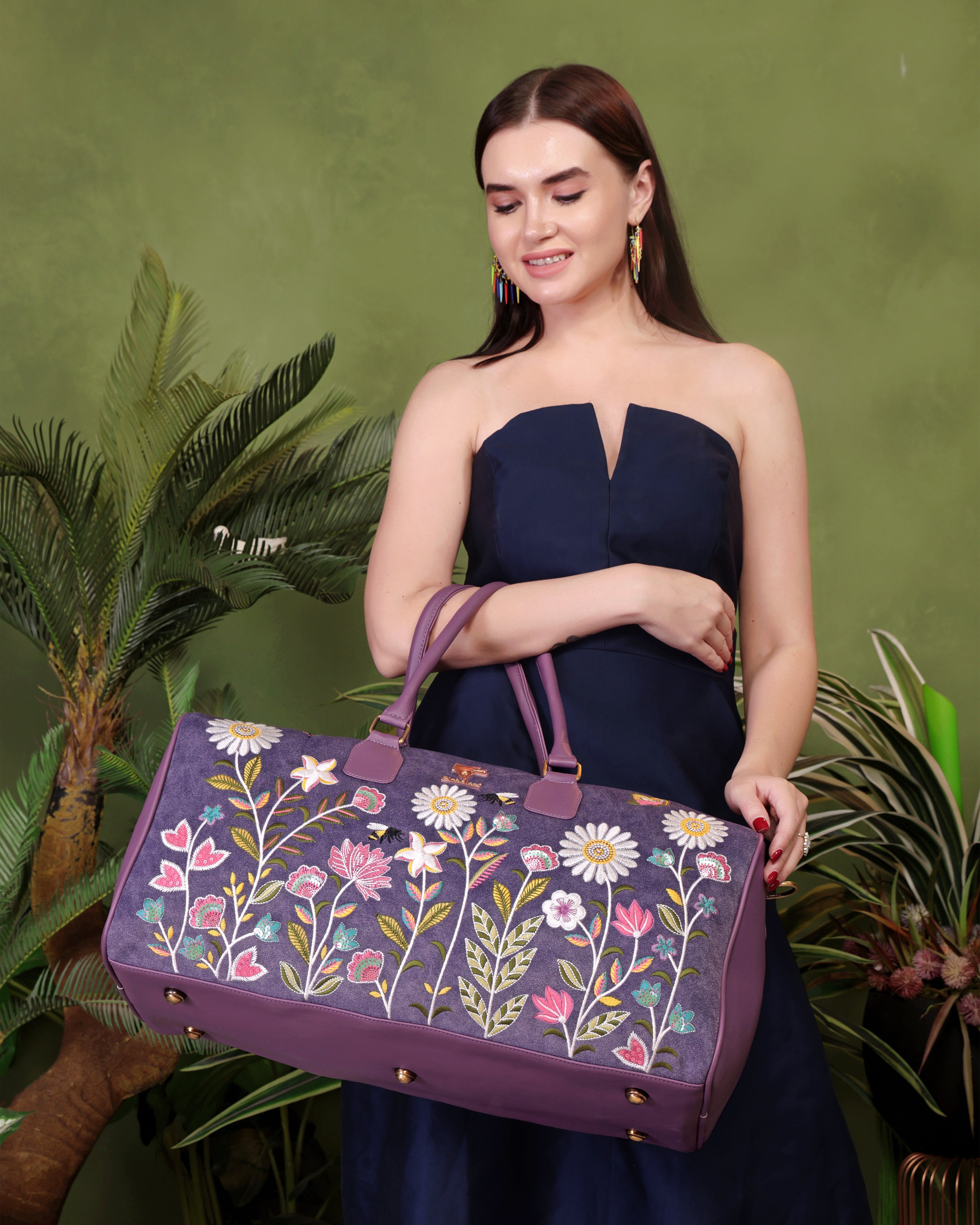Purple Embroidery Daisy Dream Duffel Bag