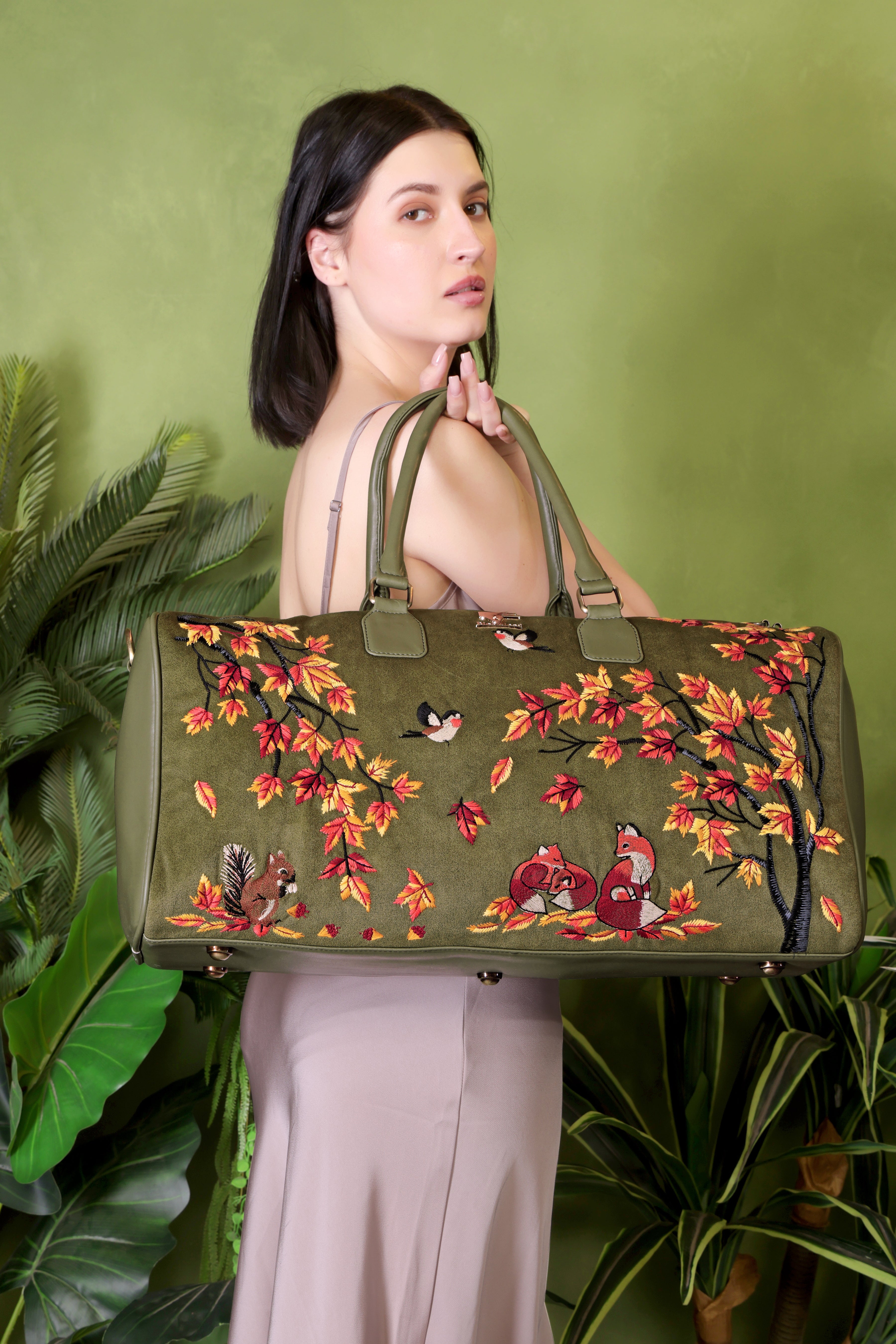 Olive Green Embroidery Autumn Whisper Duffel Bag