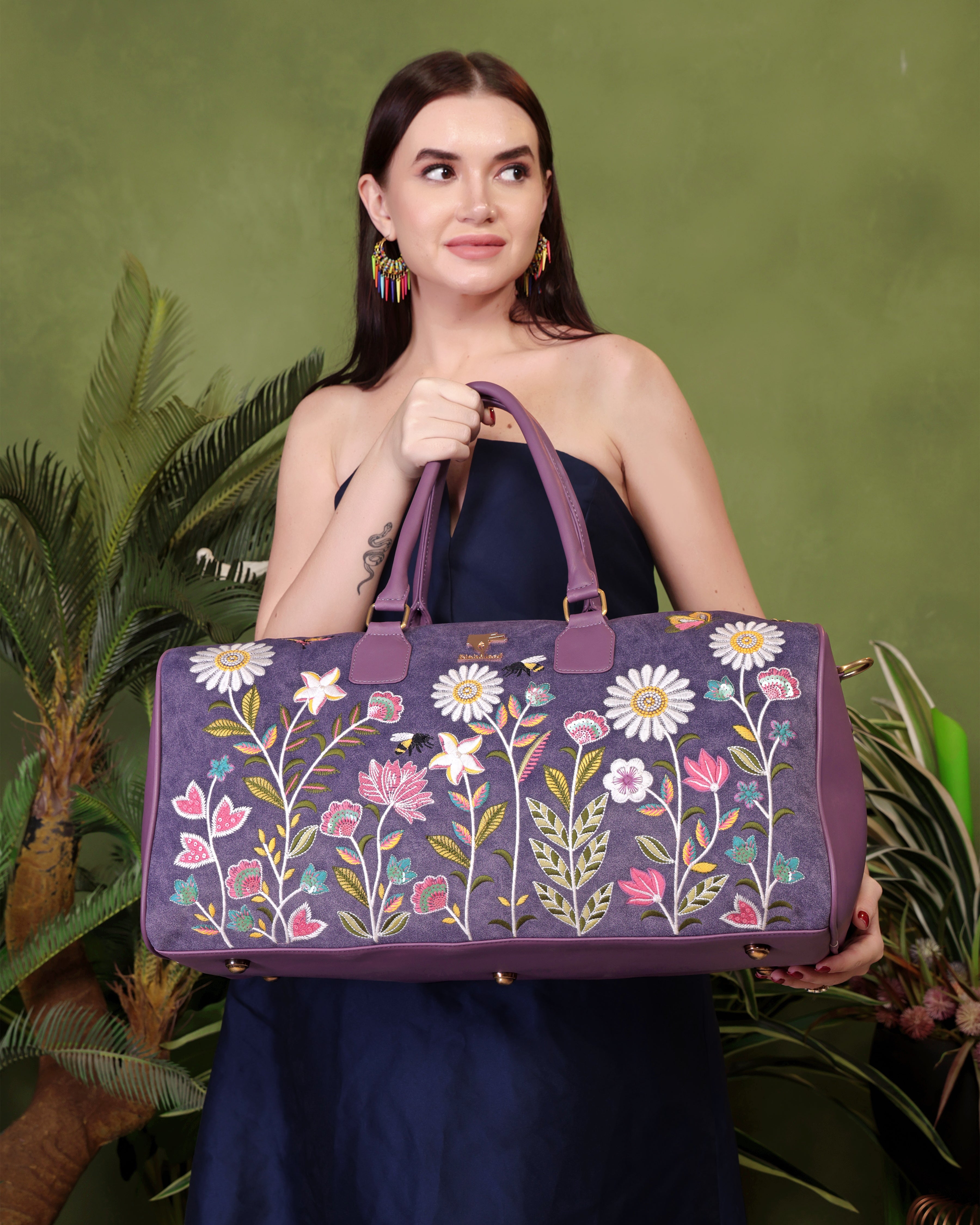 Purple Embroidery Daisy Dream Duffel Bag