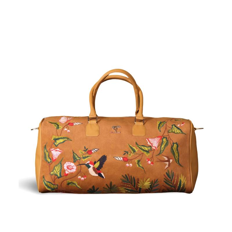 Mustard Floral Embroidered Vegan Leather Travel Duffel | Golden Flora Collection