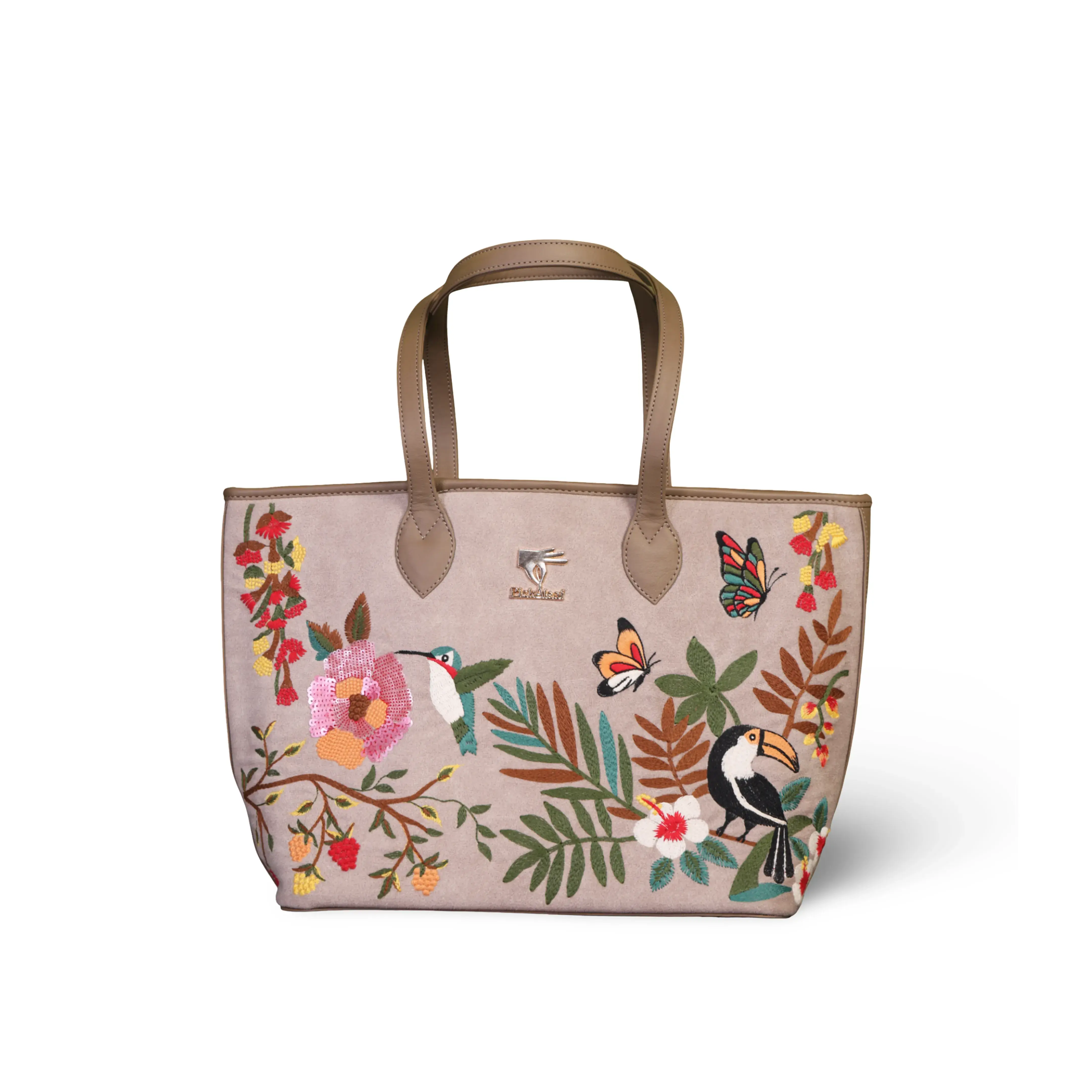 Beige embroidered large tote bag for women in vegan leather by PickAleaf with spacious design for travel, shopping and daily use