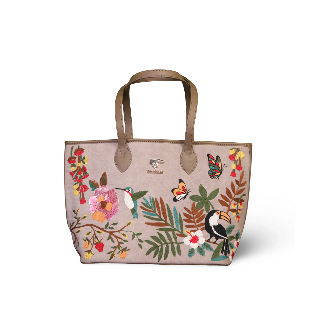 Beige embroidered large tote bag for women in vegan leather by PickAleaf with spacious design for travel, shopping and daily use