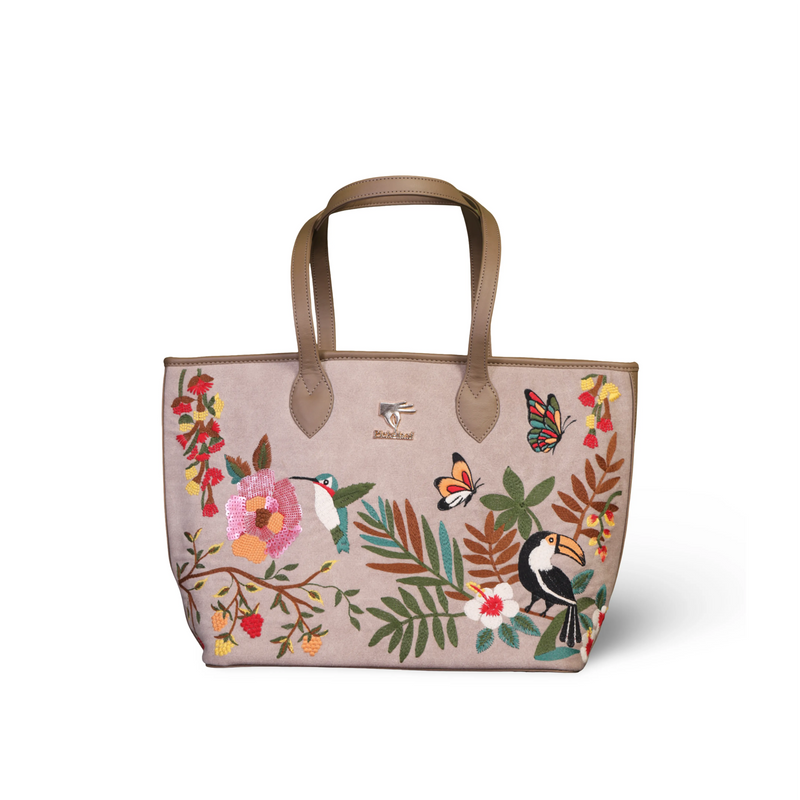 Beige Floral Embroidered Vegan Leather Tote Bag | Mystic Garden Collection