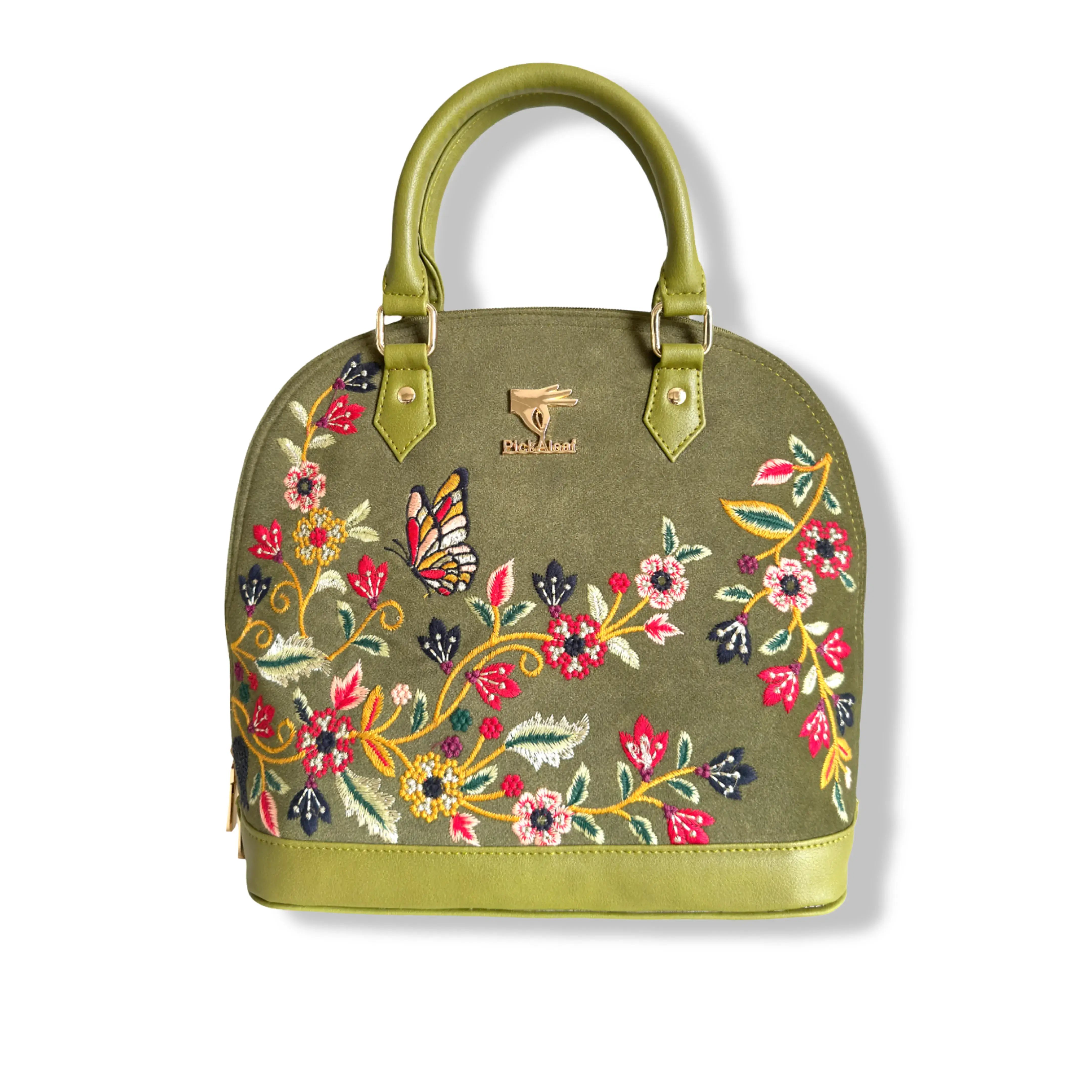 Olive green embroidered party handbag for women in vegan leather by PickAleaf, cruelty free with floral design for weddings and festive use