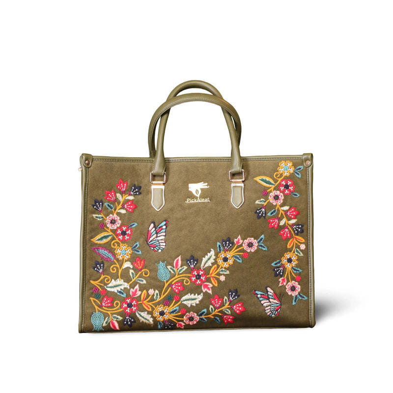 Olive green embroidered daily tote bag for women in cruelty free vegan leather by PickAleaf with laptop space and organized compartments