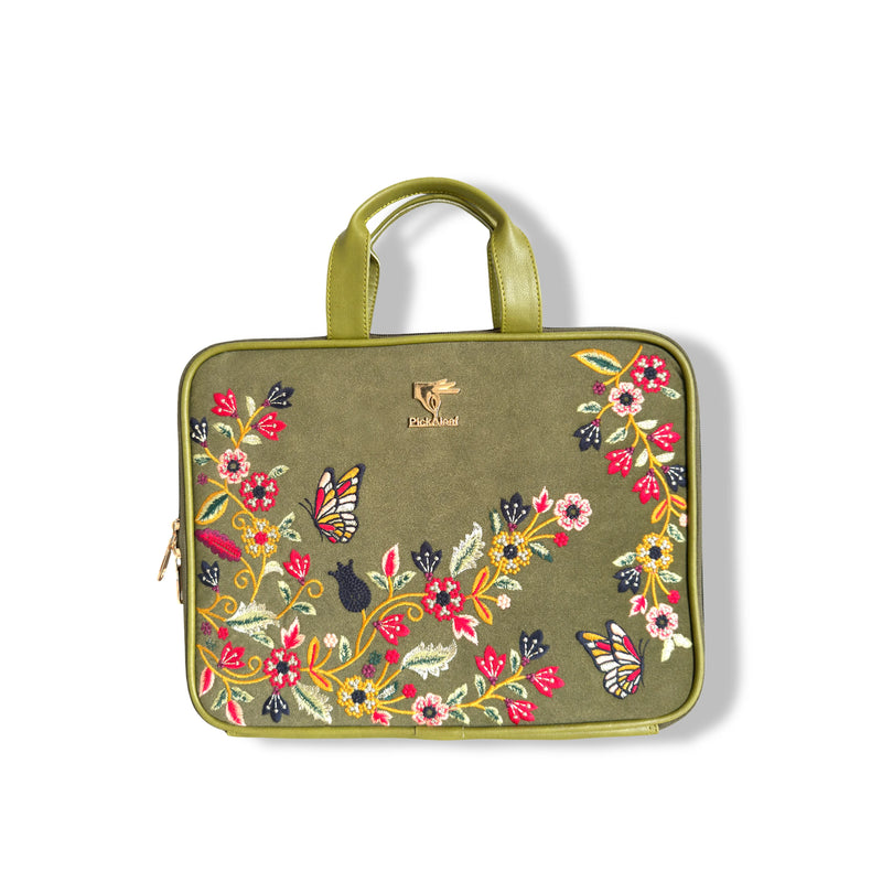 Olive green laptop sleeve 13 to 16 inch for MacBook in vegan leather by PickAleaf with padded protection for office and daily use