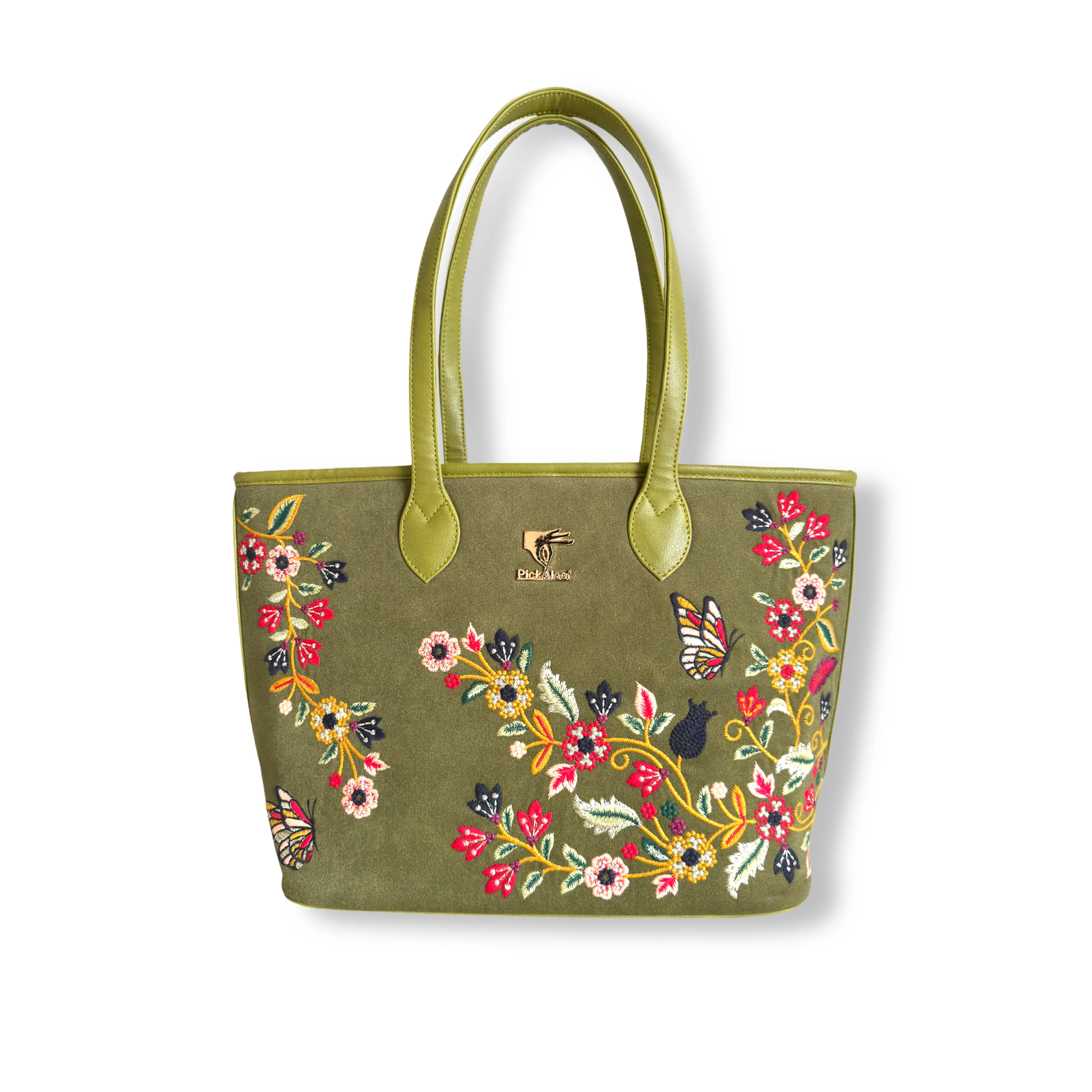 Olive green embroidered tote bag for women in vegan leather by PickAleaf for shopping, travel, functions and daily use