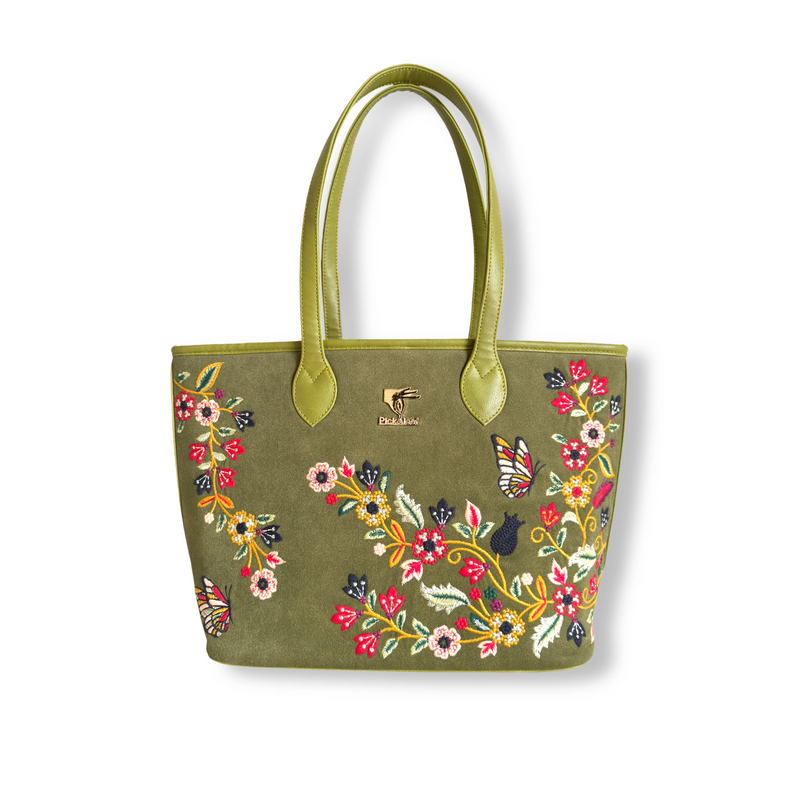 Olive green embroidered tote bag for women in vegan leather by PickAleaf for shopping, travel, functions and daily use
