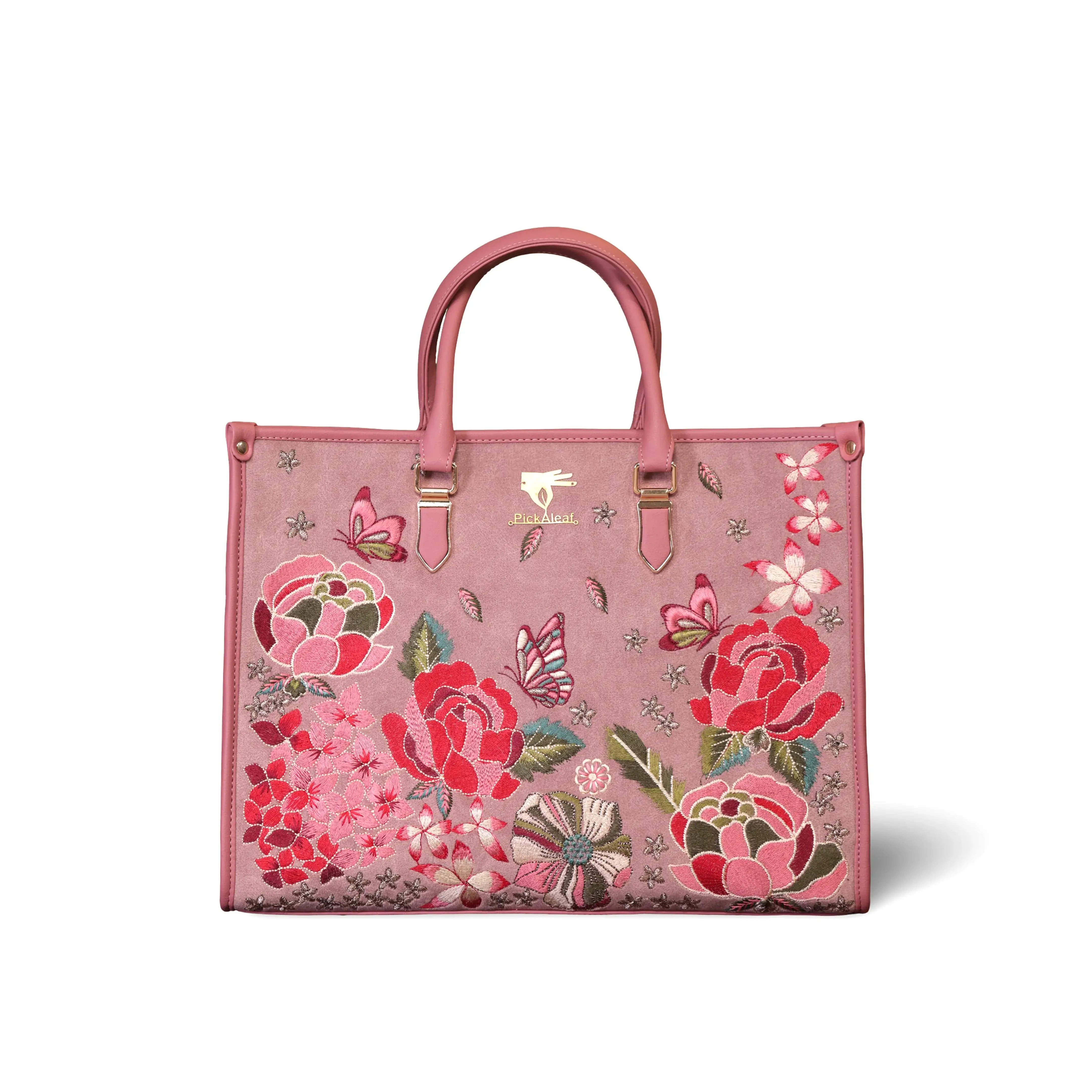 Pink wedding tote bag for women in cruelty free vegan leather by PickAleaf with embroidered design for wedding events and special occasions