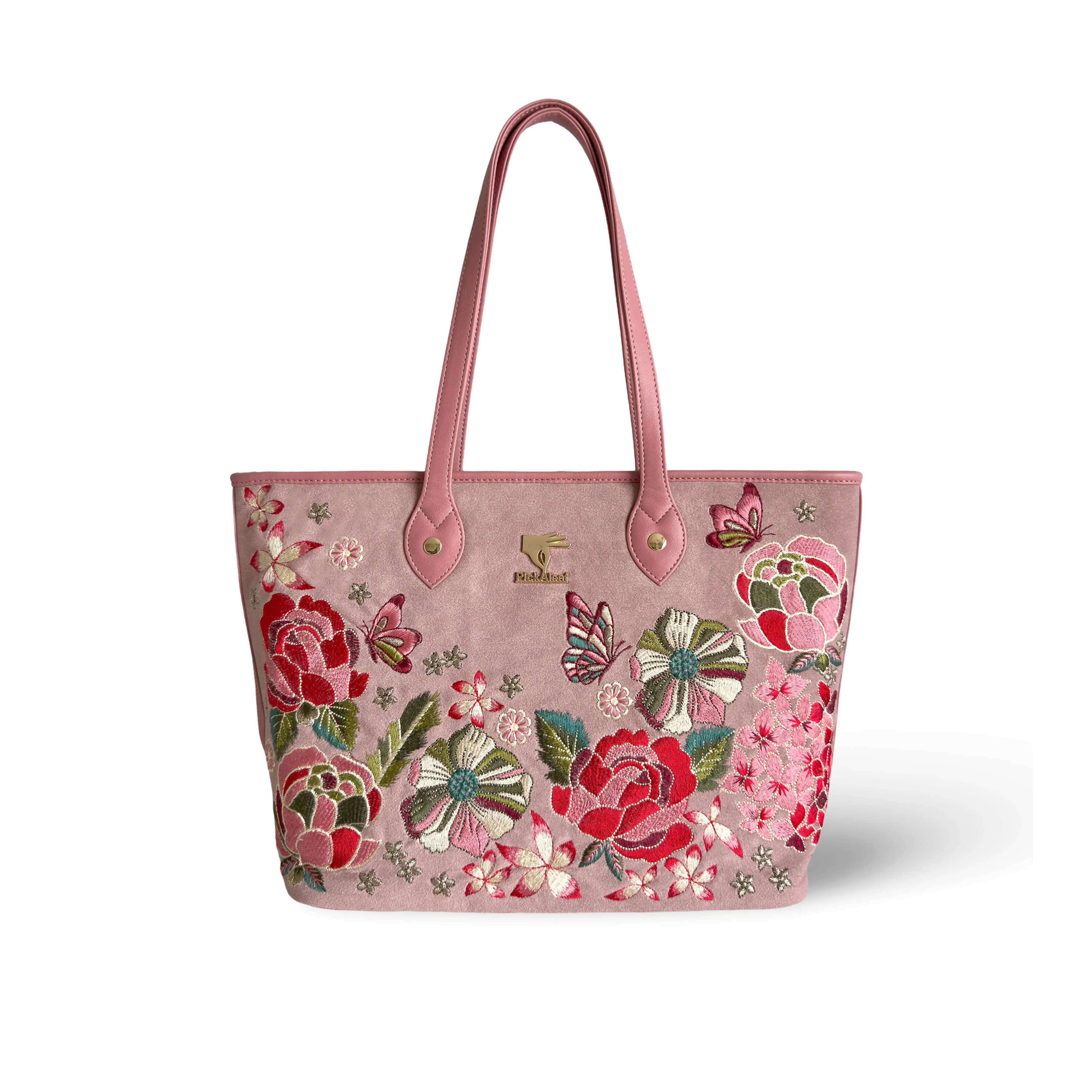 Pink embroidered vacation tote bag for women in vegan leather by PickAleaf for travel, shopping and daily use
