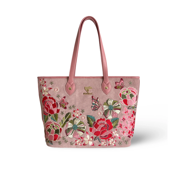 Embroidered Vacation Tote Bag for Women in Leather | Pink | PickAleaf