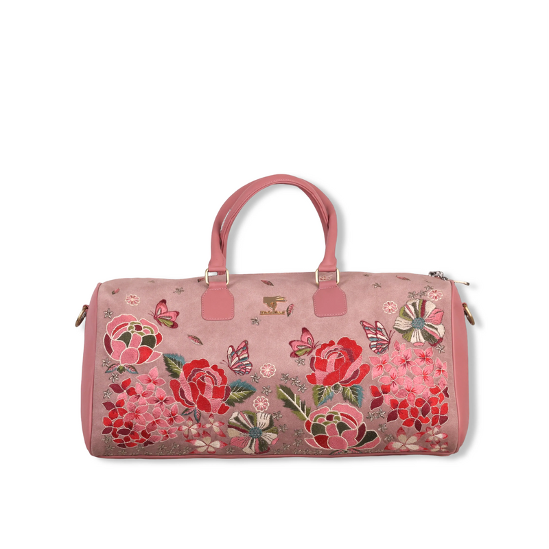 Pink Floral Embroidered Vegan Leather Travel Duffel | Petal Eden Collection