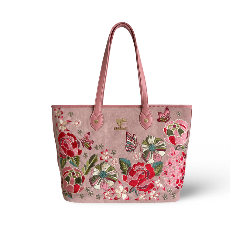 Pink embroidered vacation tote bag for women in vegan leather by PickAleaf for travel, shopping and daily use