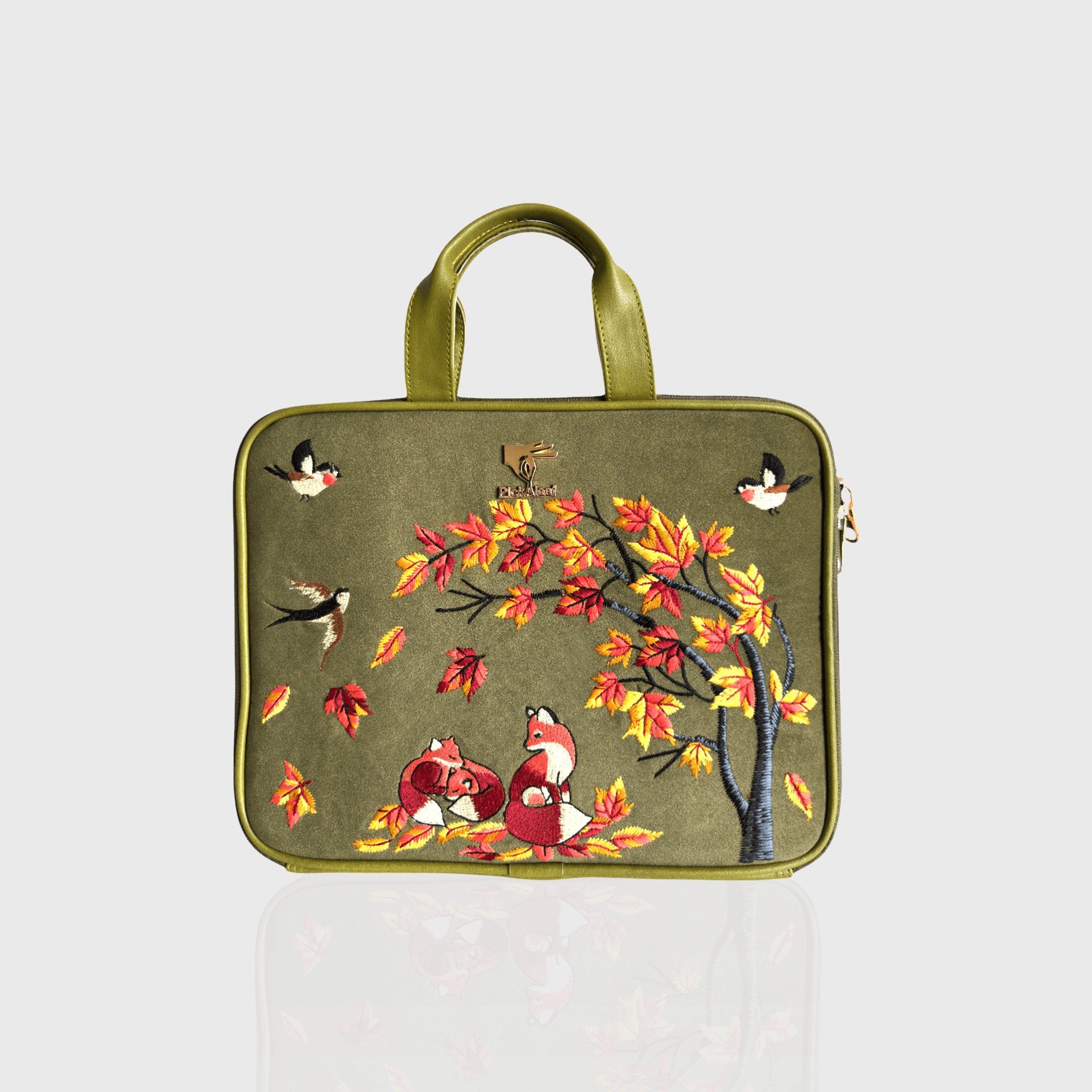 Olive green Autumn Whisper embroidered laptop sleeve.