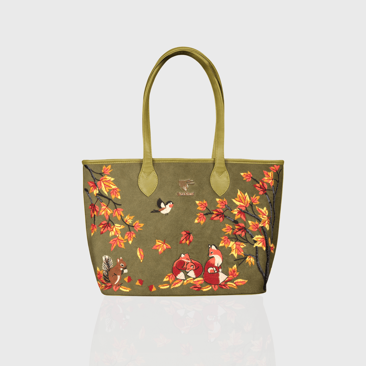 Olive green Autumn Whisper embroidered tote bag.
