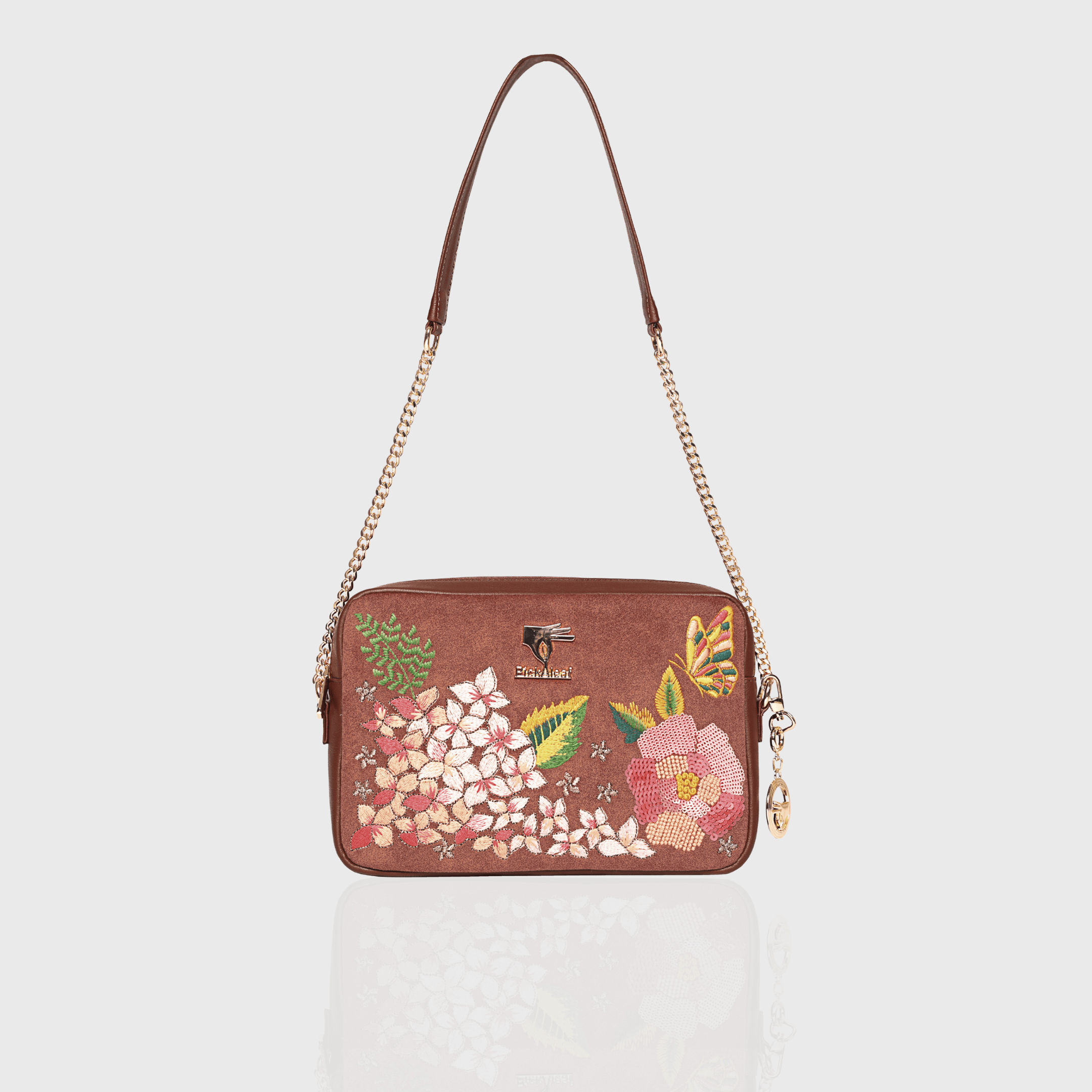 Brown floral vegan leather crossbody bag with Blossom Wood embroidery
