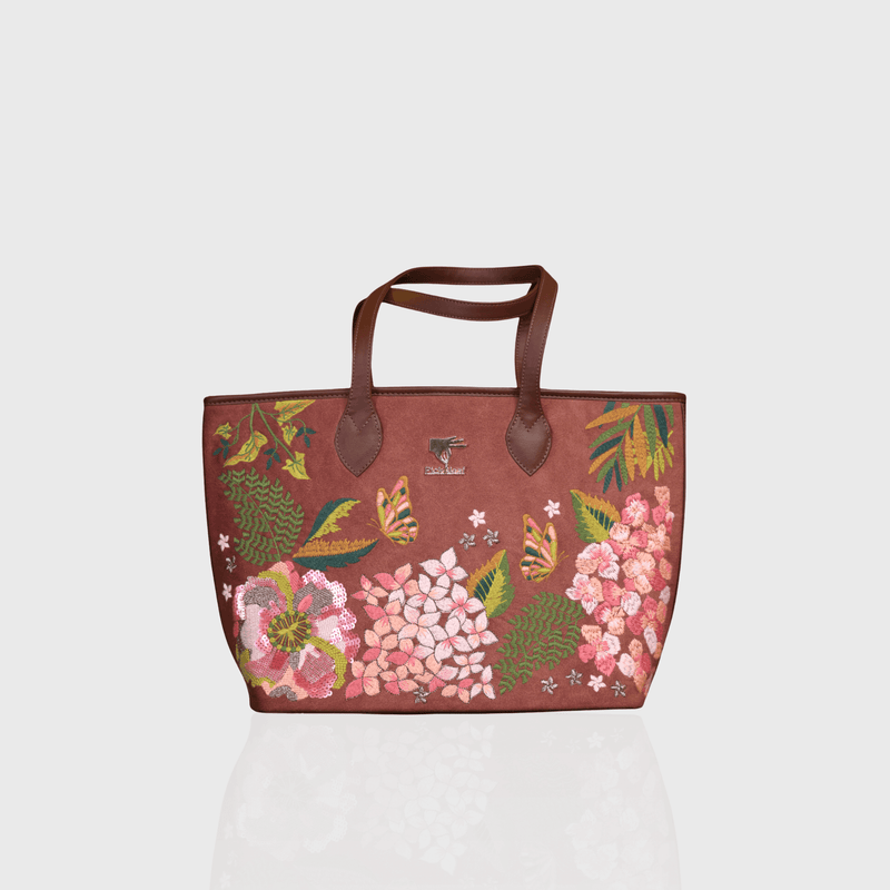 Brown Blossom Wood embroidered tote bag for weddings and travel.