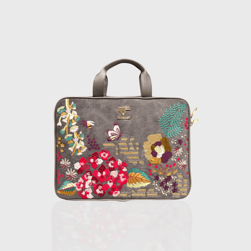 Grey Garden embroidered laptop sleeve.