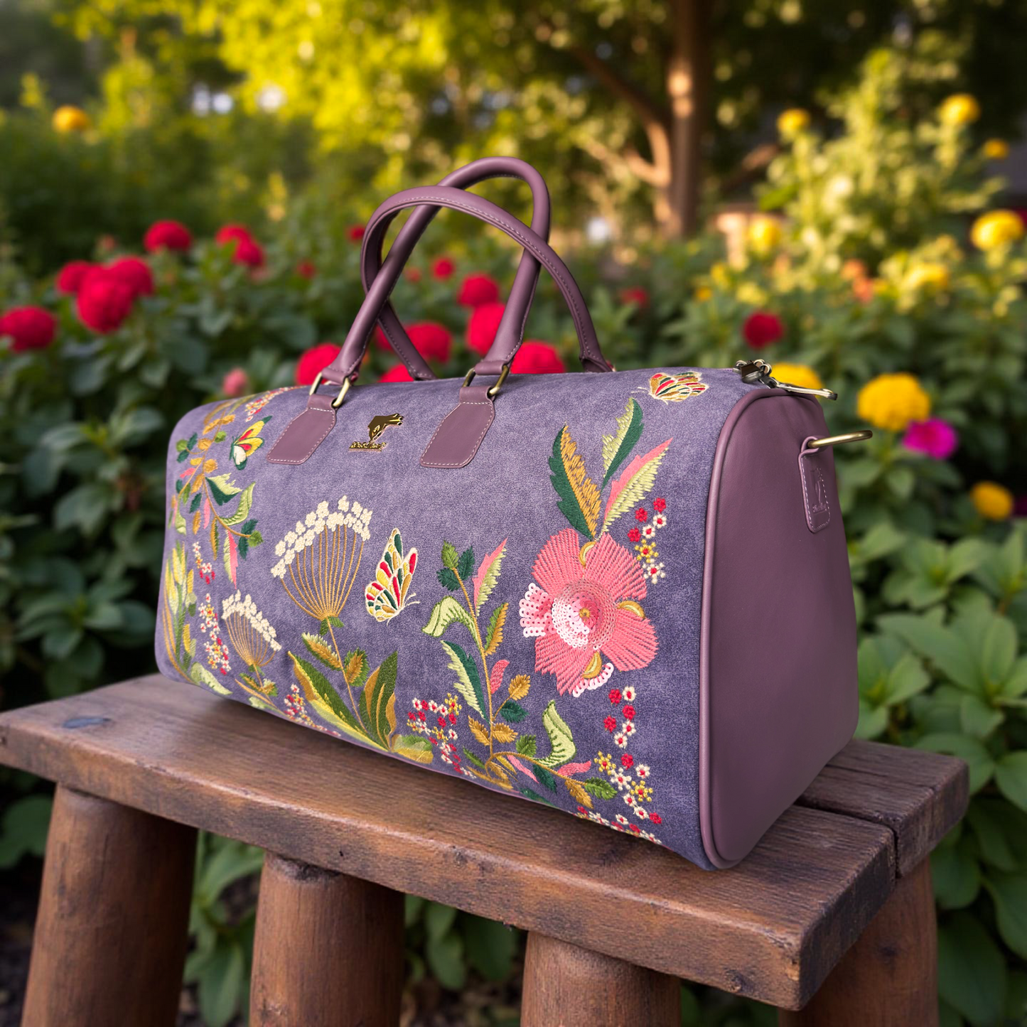 Purple Embroidery Violet Valley Duffel Bag