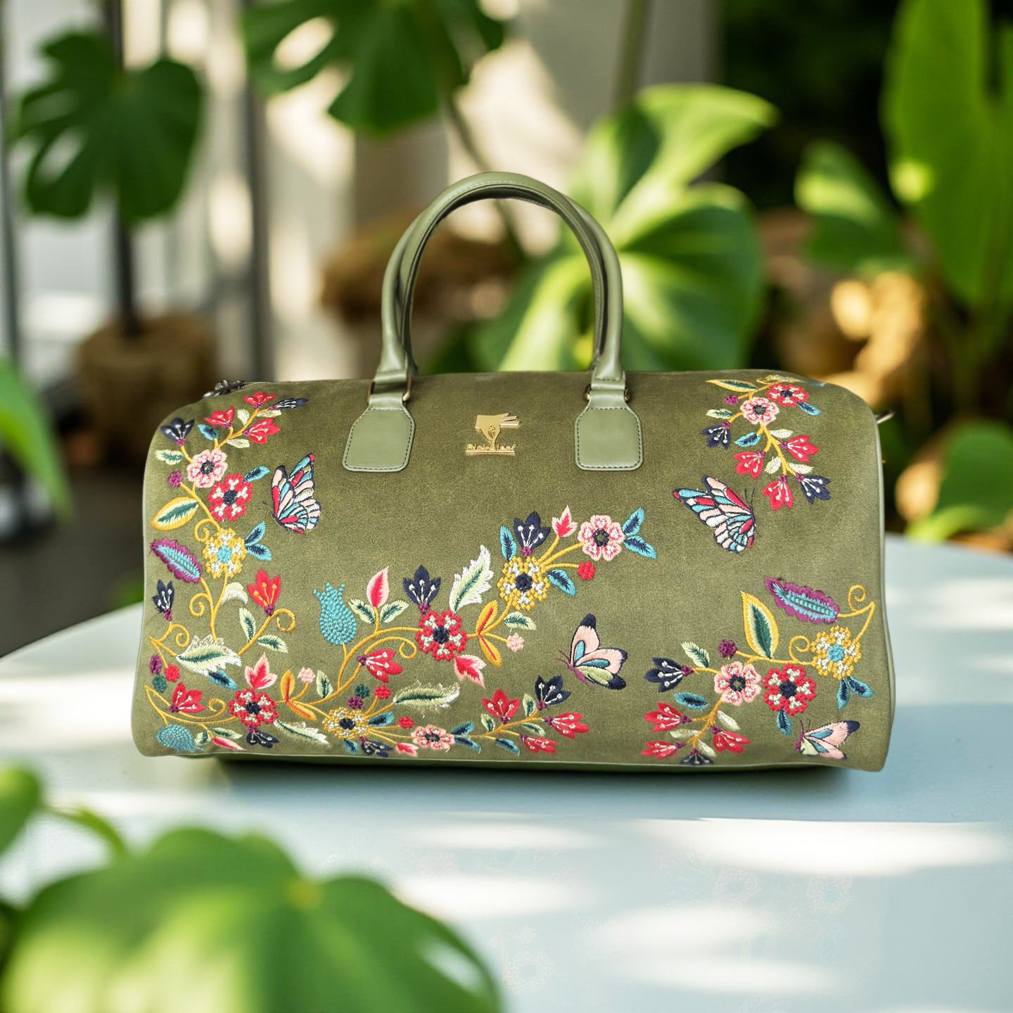 Olive Green Embroidery Waves Duffel Bag