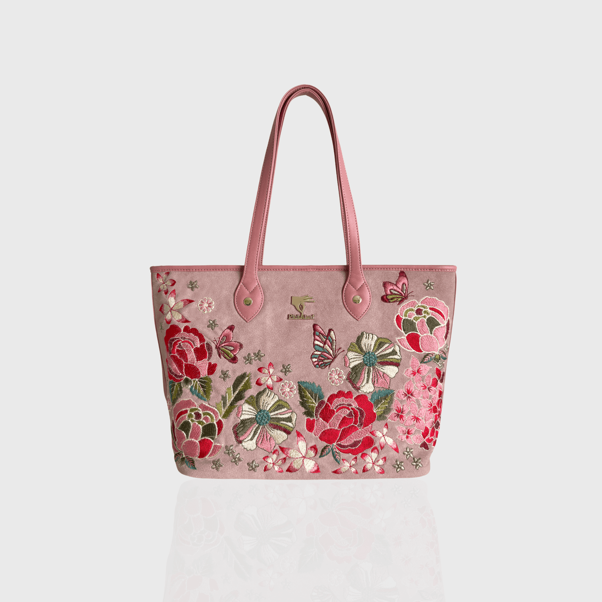 Pink vegan leather embroidered tote bag for work and casual wear.