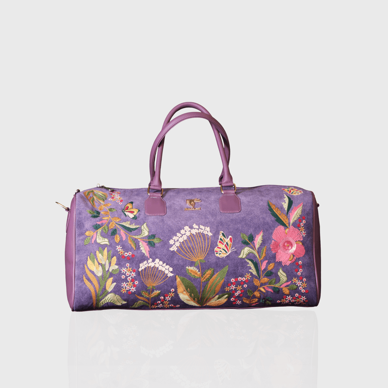 Purple Violet Valley embroidered duffel bag.