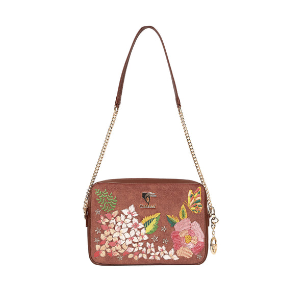 Floral Designer Crossbody Bag in Vegan Leather | Brown | PickAleaf
