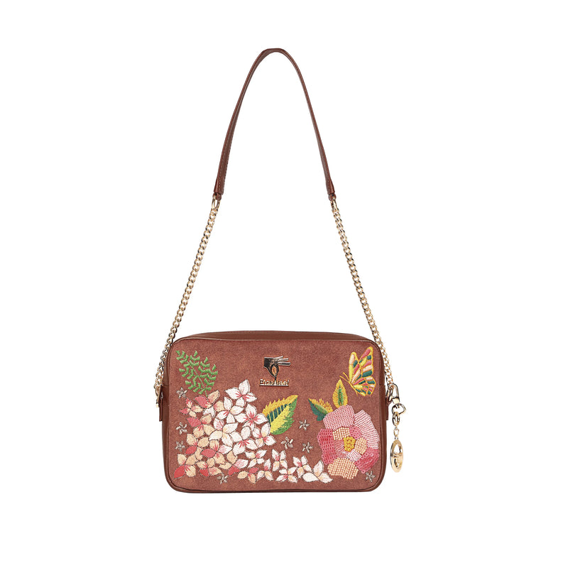Brown embroidered floral crossbody bag for women in vegan leather by PickAleaf for daily use, travel and casual outings