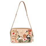 Mystic Garden Crossbody Bag by PickALeaf in beige vegan leather, with a gold-tone chain strap and tropical toucan, hummingbird and floral embroidery.