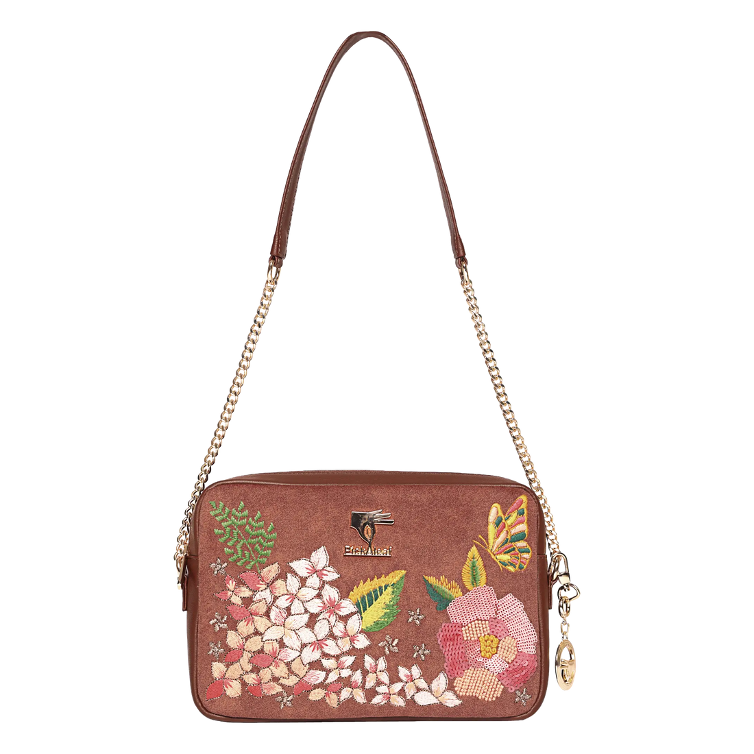 A brown suedeCrossbody bag with a floral and butterfly embroidery design on the front, featuring a gold-tone chain strap and a small hanging charm.