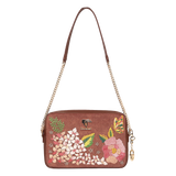 A brown suedeCrossbody bag with a floral and butterfly embroidery design on the front, featuring a gold-tone chain strap and a small hanging charm.