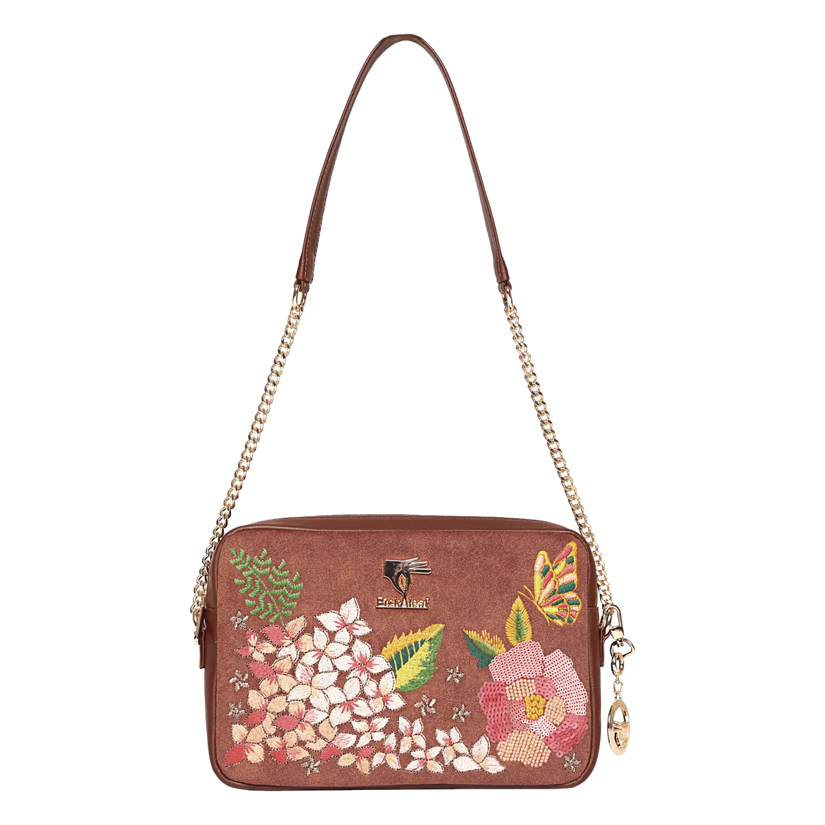 A brown suedeCrossbody bag with a floral and butterfly embroidery design on the front, featuring a gold-tone chain strap and a small hanging charm.
