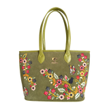 An olive green tote bag with a floral and butterfly embroidered pattern on the front, featuring two olive green handles and a gold-tone logo on the front.
