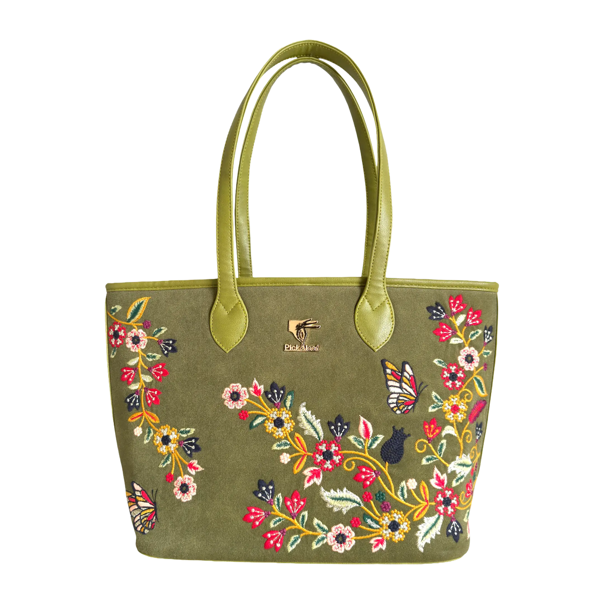An olive green tote bag with a floral and butterfly embroidered pattern on the front, featuring two olive green handles and a gold-tone logo on the front.
