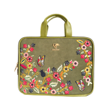 An olive green Laptop Sleeve, featuring colorful embroidered floral and butterfly patterns across the front, with a gold-tone logo plaque on the upper front.