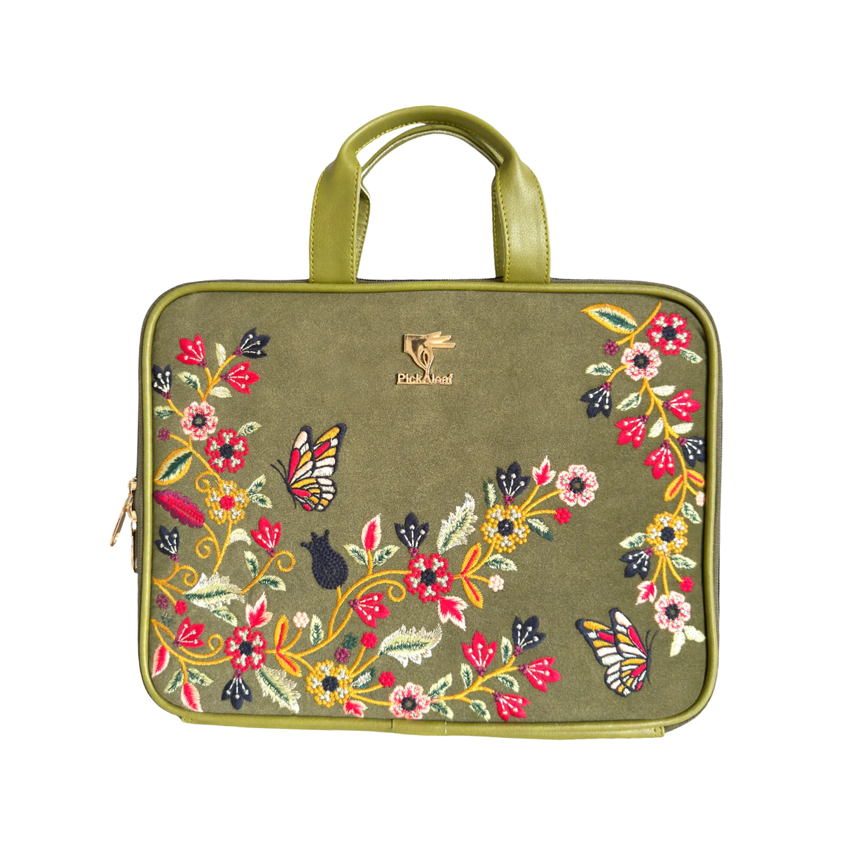 An olive green Laptop Sleeve, featuring colorful embroidered floral and butterfly patterns across the front, with a gold-tone logo plaque on the upper front.